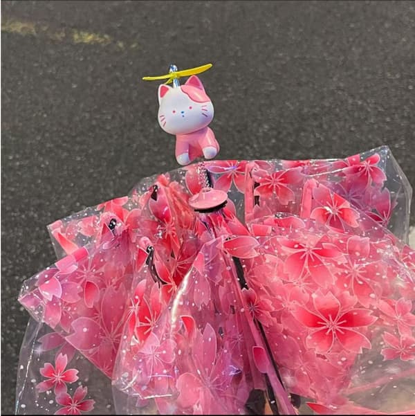 Paraply - Sakura Katt 3D Design - PVC Materiale - Trippel Bæring - Rosa - Leveres med katte-tilbehør