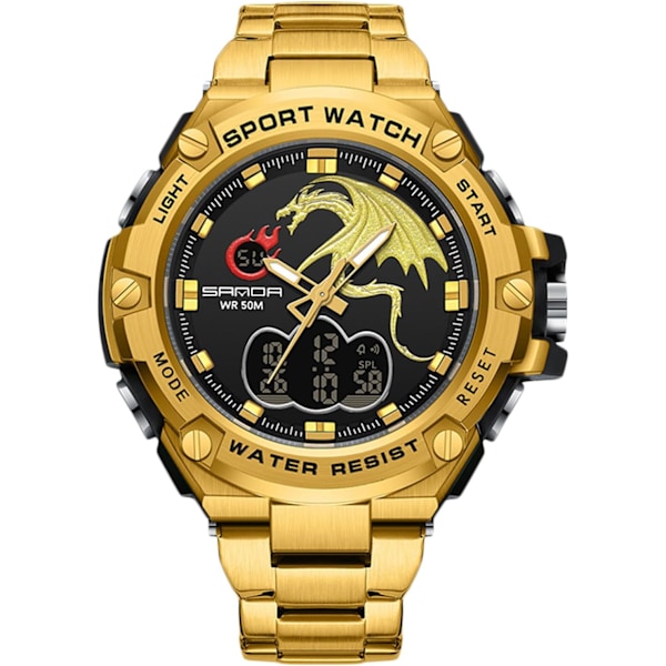 Herrar Dubbel Display Klocka 5 ATM Vattentät Digital Analog Militär Rostfritt Stål Svart Guld black gold