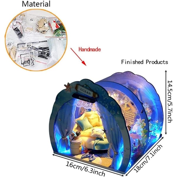 Ocean Tunnel Dockhus Med Möbler Led Ljus Kit Diy Miniatyr Trä Dockor Hus Romantisk Konst Handverk Barn Jul Födelsedagspresent Hus Modell