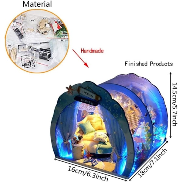 Oceantunnel dockhus med möbler LED-ljuskit DIY miniatyr trädockhus romantisk konst handgjord barn julklapp födelsedagspresent husmodell