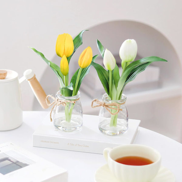2 Pakke Ægte Touch Tulipaner i Vase med Kunstig Vand, Kunstige Blomster til Hjemmets Midtpunkt White+yellow