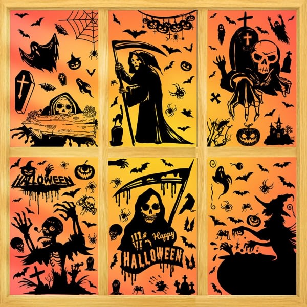 CQBB 6 ark Halloween Window Clings Stickers, Halloween Wind Decal Decorations Ghost Pumpkin Grim Reaper Spider Bat, Halloween Window Stickers
