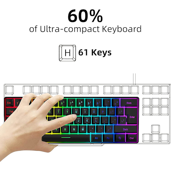 RGB-bakbelyst ultrakompakt minitangentbord, vanntett lite kompakt for PC/Mac-spillere, reiser (svart)