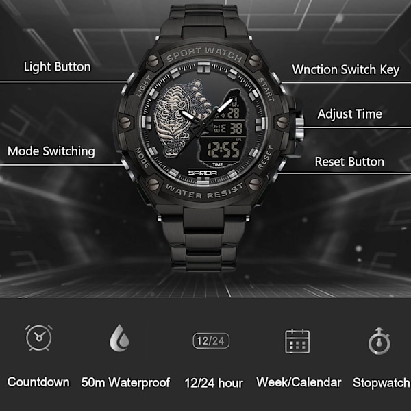 Herrar Dubbel Display Klocka 5 ATM Vattentät Digital Analog Militär Rostfritt Stål Svart A Black A