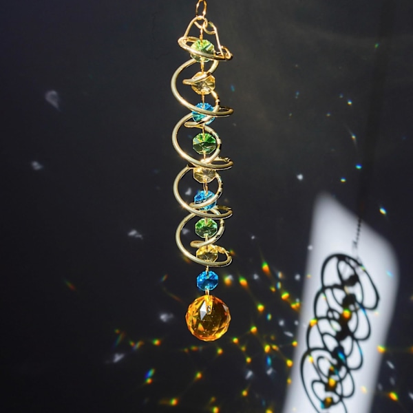 WJ123Glass Gazing Ball Spiraalipyörre Kristallikoristeellinen Tuulikello Aurinkosieppari, 45 cm Sateenkaarentekijä Kaksoisspiraali Keltaisella Kristallilla Yellow Ball Drop Prism