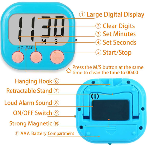 4-pakks klasseromtimer for barn - Stor magnetisk digital timer - Blå/Grønn Blue Green 2