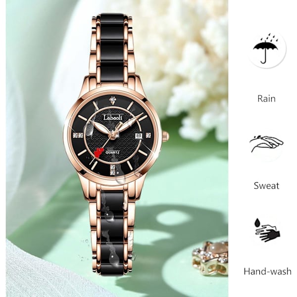 Damklocka i mode, multifunktionell analog kvarts, vattentät, elegant med diamanter, svart Black