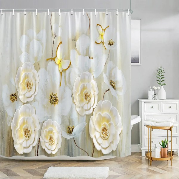 Elegantti ja tyylikäs fantasiahelmi- ja timantti-kimppu 3D-tyyli suihkuverho ja kylpymattosetti Koti kylpyhuoneen sisustus 3154SD -verho W180xH210cm