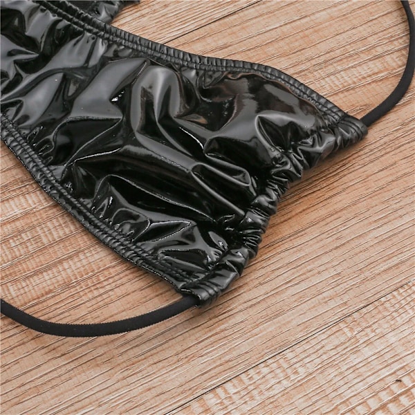 Över gränsen Nytt ljust lädertyg Enfärgad triangelkopp Sexig knytband G-stringtrosa Bikini Hotsäljande badkläder black M