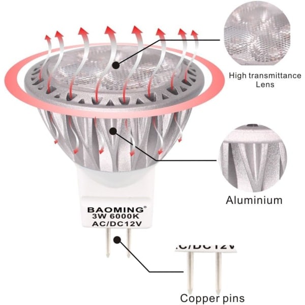 MR11 GU4 LED-spottilamppu 3W 12 voltti Ultra Bright Vastaava 35W halogeenilamppu 280LM 30° Valokeila Cool White 6000K 6 kpl