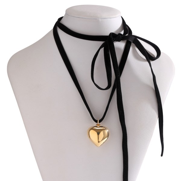 Ornament Långt utdragbart hjärta Choker All Match Hjärthänge Flanellhalsband med spets 02 Guld + Svart 5970 Koreansk sammet