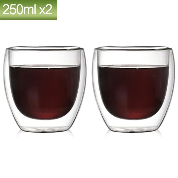 80ml dobbeltvegget glasskopp 2/12ST Transparent håndlaget varmebestandig tedrikkesett Espresso kaffe Melkemugger Gave 2stk 250ml Som vist