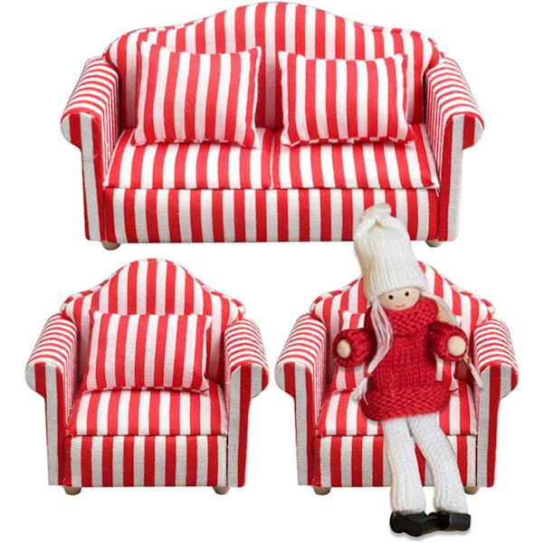 Nukkekodin sohvasetti - 1:12 mittakaava Punainen & Valkoinen Raidalliset Miniatyyri Nojatuolit Lasten Leikkikaluille RED Three piece set