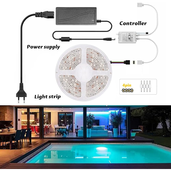 5M RGB LED-lysstripe - Dimbar SMD5050, 12V, 300 LEDer, IP65 Vanntett, Fargeendring med IR-fjernkontroll & Strømforsyning RGB LED Strip Set（IR Only）