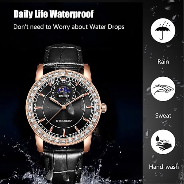 Mænds Analog Kvarts Luminous Business Ur Vandafvisende Diamant Ur Månefase Armbåndsur med Læderrem Sort Black