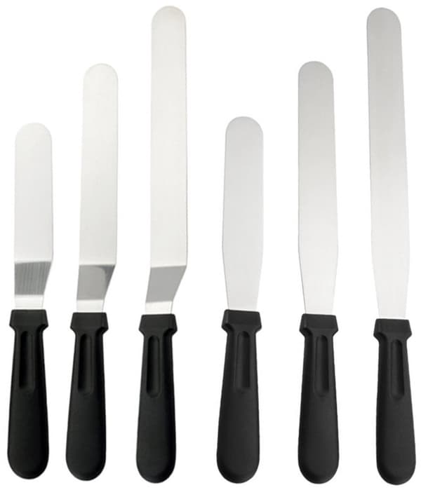 Kagedekorationsspatelsæt, rustfrit stål, lige og buede blade, 6/8/10 tommer, til glasur og udglatning af kager, sølv