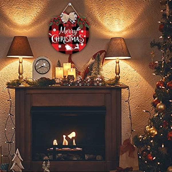 Julekrans med teksten \"Merry Christmas\", Julskylt til dørdekoration, Rustik Trædekoration til Udendørs
