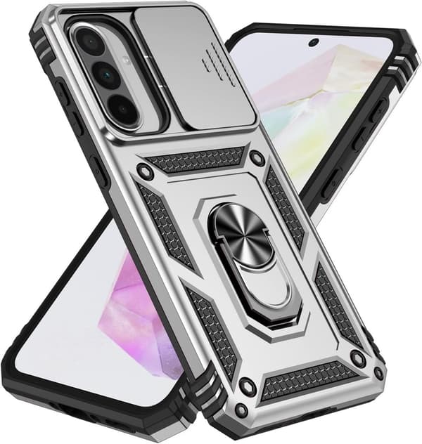Samsung Galaxy A56 5G Fodral, 360° Kameraskydd, Skjutbart Skydd, Stötsäker PC-rustning, Ringstöd, Kompatibel med Bilfäste, Silver