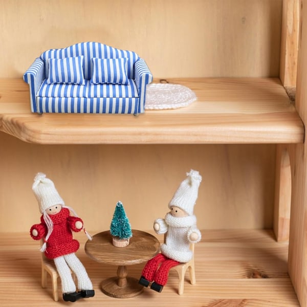 Nukkekotisohva tyynyllä - 1:12 mittakaavan miniatyyri punainen ja valkoinen raidallinen huonekalu lapsille Blue double sofa