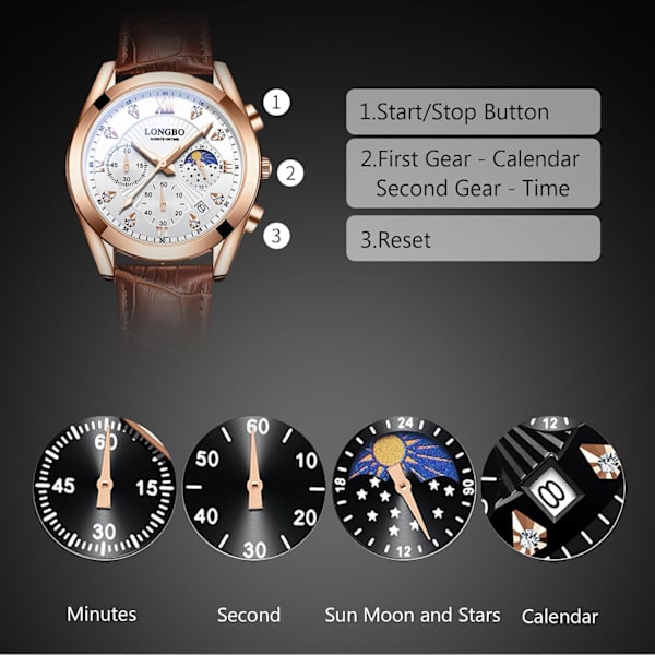 Herrarmbandsklocka Elegant Diamant Chronograf Läder Armband Vit Kaffe White coffee