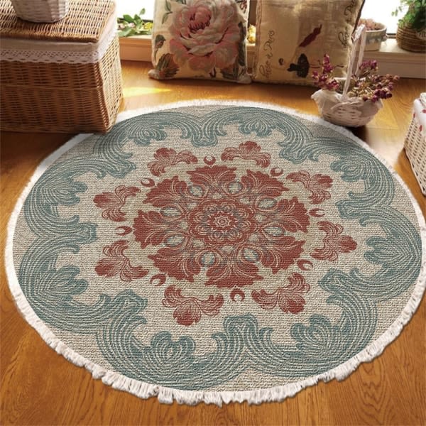 CQBB Mandala Bomullsmatta för vardagsrum, bohemisk rundvävd matta med fransar Maskintvättbar Entrématta för sovrum, hall (60 cm, brun)
