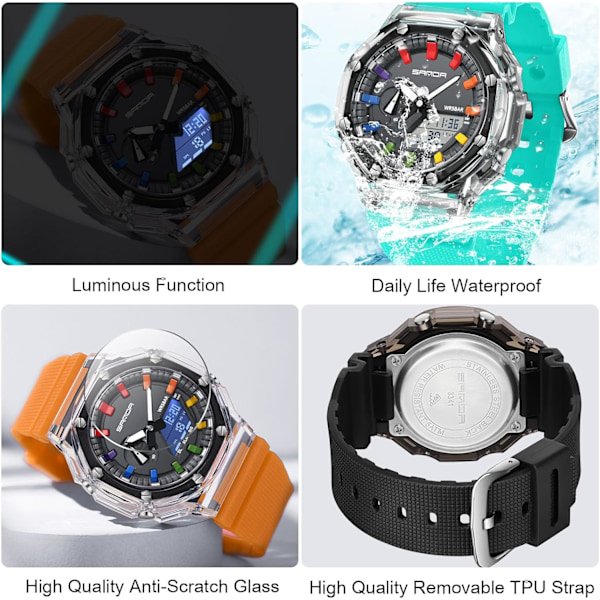 Män Multifunktionell Elektronisk Armbandsur 50m Vattentät Klocka Digital Analog Kvartsur Trendig Dubbla Skärmar Herrklockor Blå A Blue A