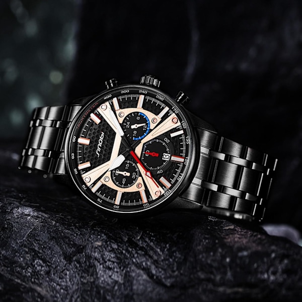 Mænds ure analog kvarts ur mode multifunktionelt armbåndsur forretningsur vandtæt til mænd mænd rustfrit stål armbåndsort Black