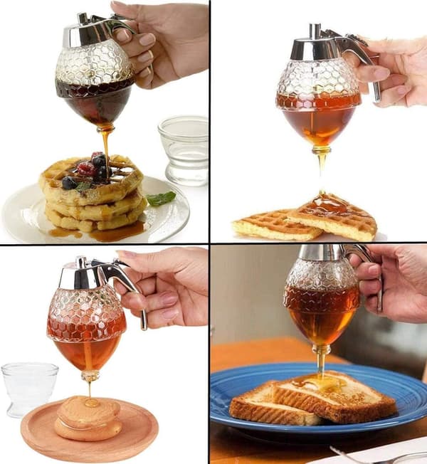 Honungsdispenser, bikakedesign, spakkontroll, droppsäker pip för honung och sirap, 7 oz, för pannkakor och våfflor