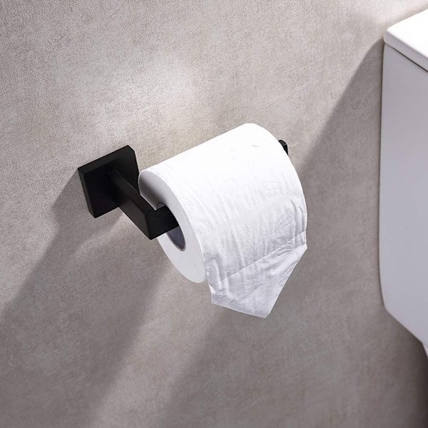 Mat sort toiletpapirholder, toiletrulleholder og kroge til badeværelse og køkken, rustfrit stål, moderne firkantet