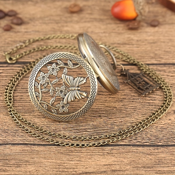 Sommerfugl Blomst Fugl Quartz Lommeur Vintage Skelet Analog Halskæde Vedhæng Lommeur Souvenir Fødselsdag Gave Til Kvinder Mænd Bronze