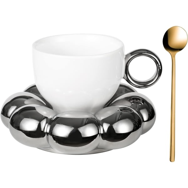 CQBB Keramisk set med sked, kreativ söt kopp med solrosmolnunderlägg, 6,5 oz för te latte (galvaniserad vit och silver)