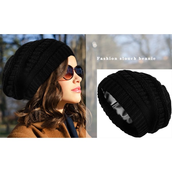 Stickad vintermössa för kvinnor, varm slouchy skidmössa med satinfoder, svart, 52-60 cm