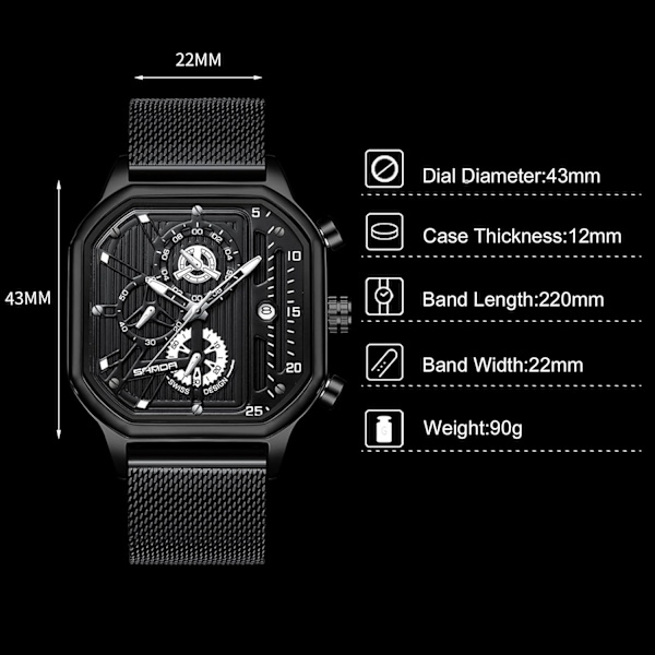 Herrar Kvartsur Klocka Mode Fyrkantig Armbandsur Luminous Analog Klocka Multifunktionell Kronograf Klocka Fritid Rostfritt Stål Herrklocka Svart B Black B
