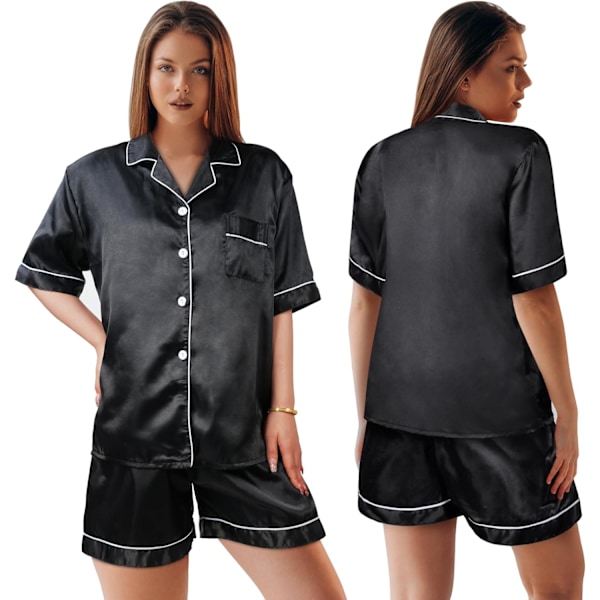 Silke Pyjamasæt til Kvinder, Klassiske Satin Pyjamas, Blødt Loungewear til Bruder Black L