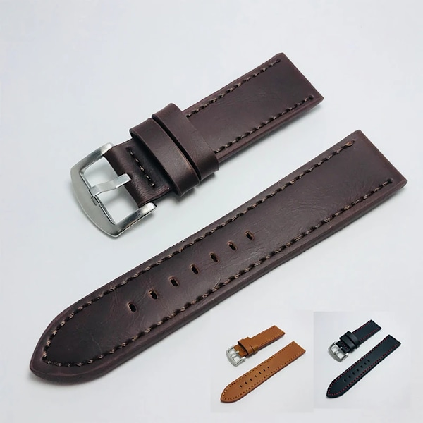 Ny 18 mm 20 mm 22 mm 24 mm Læderrem af kohud Herre Dame Sort Watch Universal Vandtæt Rem Tilbehør Mørk Kaffe 24mm