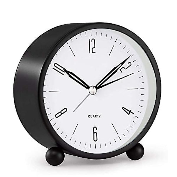 Analog väckarklocka, 4-tums super tyst, icke-tickande liten klocka med nattljus, batteridriven, enkel design, för sovrum, säng, skrivbord - Svart Black