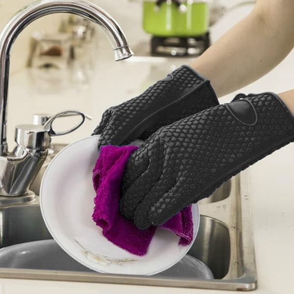 2x Kestävät silikoniset uunikintaat patalappu - Musta—max