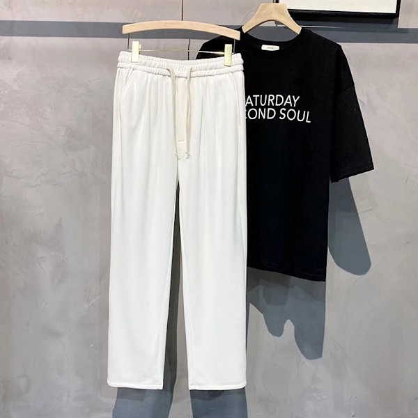 2022 Nya Shorts Dragsnöre Elastisk Midja Beskärda Byxor Mäns Sommar Ice Silk Loose Drooping Rak Casual Bys White M