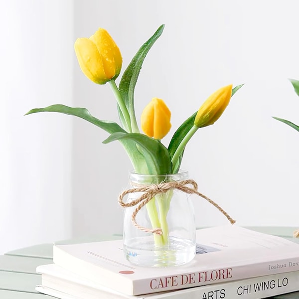 Gule Tulipaner i Glasvase med Kunstigt Vand, Ægte Touch Blomster til Kontor og Bryllupsdekoration Yellow