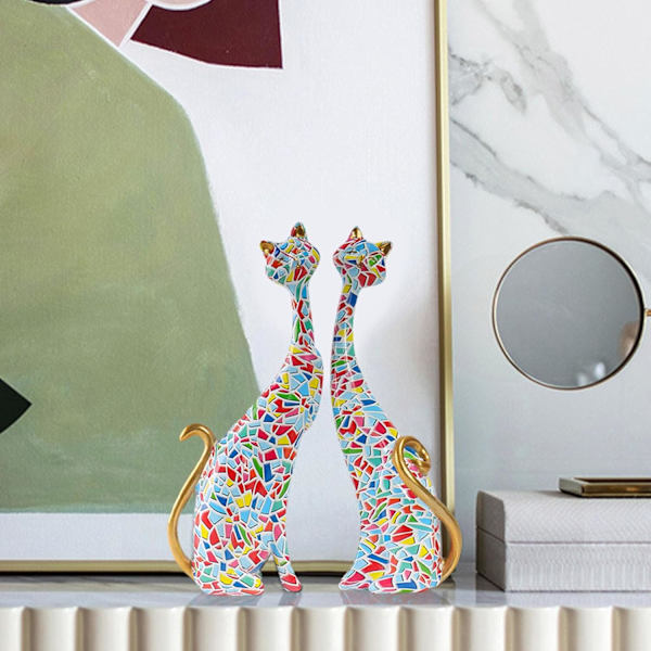 Abstrakte oljemalerier kattestatuer | 2 stykker harpiksskulpturer | hjemmedekorasjonsaksenter | par kattestatue for stue A