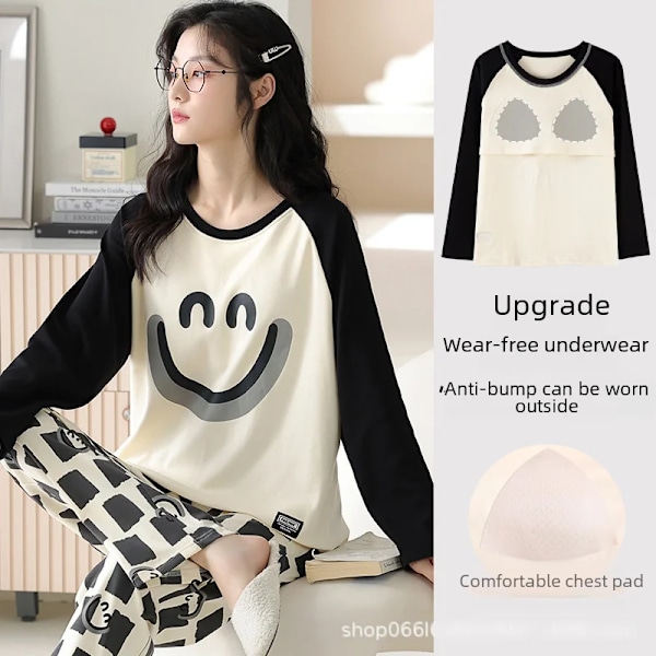 2024 Nya Kvinnors Höst Vinter Pyjamas Set Bröst Pad Lång Ärm Byxor Nr Bh Hem Kläder Kostym Home Inredning Black smiley face (med bröstkudde) M