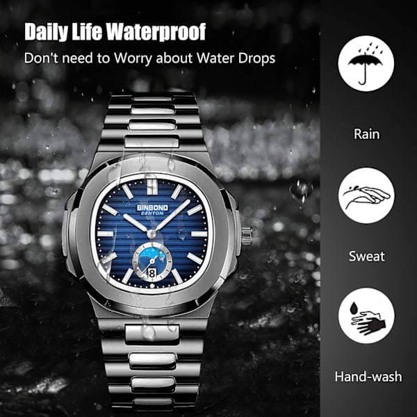 Mænds Enkle Håndledsurs Leisure Quartz Ur Vandafvisende Dato Kalender Ur Lysende Analogt Ur med Rustfrit Stål Armbånd til Mænd Sort Blå Black blue