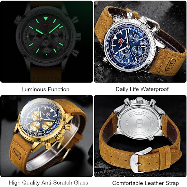 Multifunktionelt Herreur Aviation Chronograf Armbåndsur Simpel Kvarts Ure Fritids Rustfrit Stål Herreur med Læderrem Grøn Green