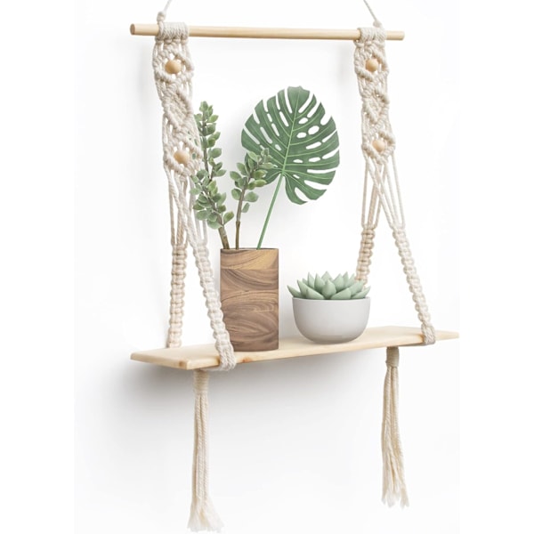 Veggmontert hylle i tre, Makrame Bohemian Deco planter enkel dusk manuell