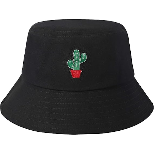 Bucket Hat Bomull Sommar Fiskehatt för Kvinnor Män, (kaktus-svart)