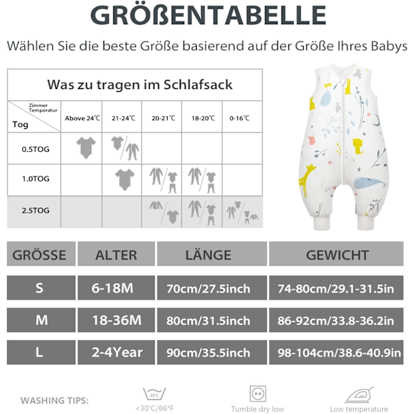 Babysovpåse 2.5 TOG (värmeisolering 100% bomull, flera storlekar, året runt, höst och vinter White animal 90 cm (2-4 years)