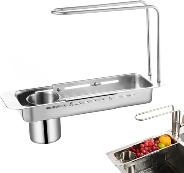 Utbyggbart diskställ i rostfritt stål över diskbänken med bestickhållare, svampförvaring och dräneringsbricka, silver, 31,5-44,5 cm