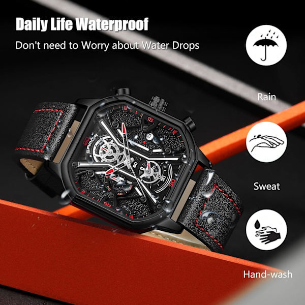 Herrar Business Rostfritt Stål Klocka Luminous Analog Armbandsur Multifunktionell Chronograf Klocka Mode Kvadratisk Klocka Svart Röd A Black Red A