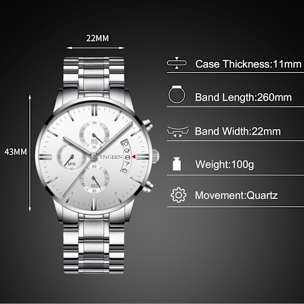 Fritids Analog Kvarts Armbandsur Herrar Affärsur Mode Datum Kalender Vattentät Luminous Klocka Rostfritt Stål Armband för Män Vit White