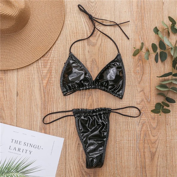 Över gränsen Uusi vaalea nahka kangas Yksivärinen kolmion muotoinen kuppi Seksikäs solmittava G-stringi Bikini Kuuma myyvä uimapuku musta L